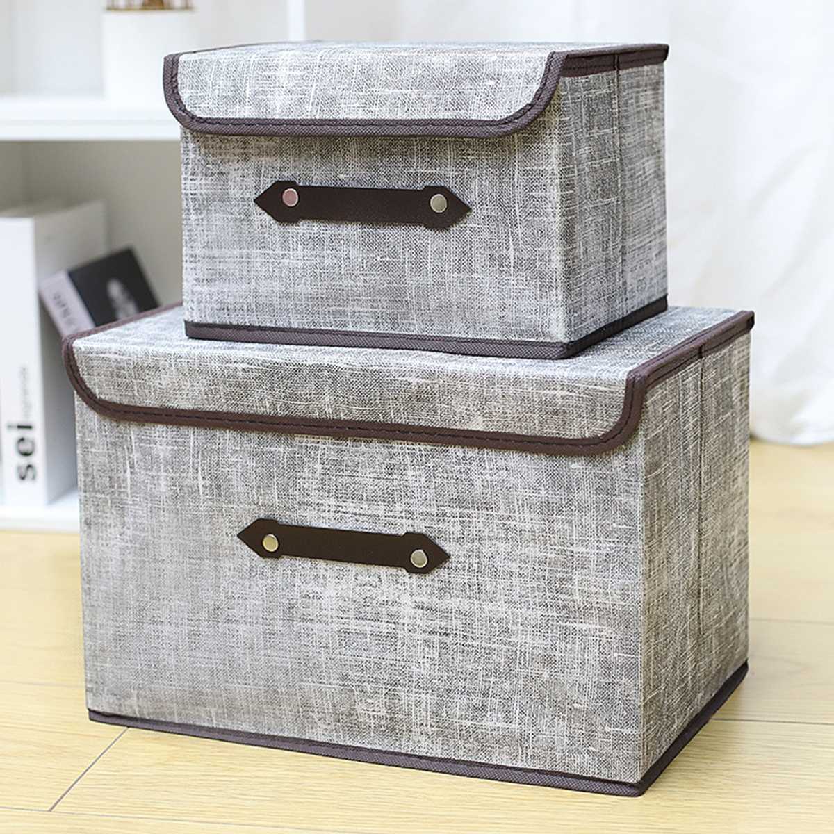 4008147 PU Leather Handles PP Plastic Board Foldable Storage Boxes Cubes Baskets Closet Organizer Container with lids