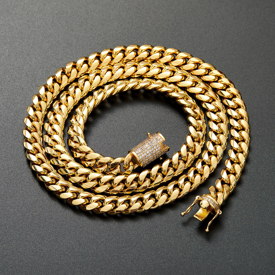 Hot Selling Hips Hops Jewelry Thick 10mm Solid 18K Gold Cuban Chain Iced Out Stainless Steel Cuban Link Men's Necklace