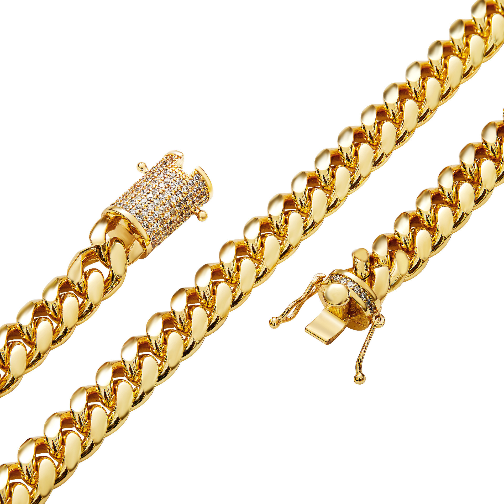 Hot Selling Hips Hops Jewelry Thick 10mm Solid 18K Gold Cuban Chain Iced Out Stainless Steel Cuban Link Men's Necklace