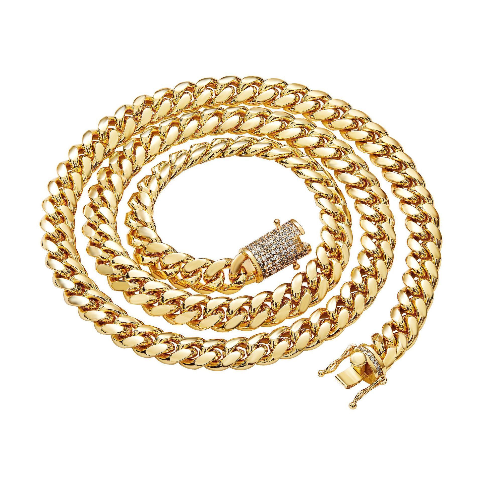 Hot Selling Hips Hops Jewelry Thick 10mm Solid 18K Gold Cuban Chain Iced Out Stainless Steel Cuban Link Men's Necklace