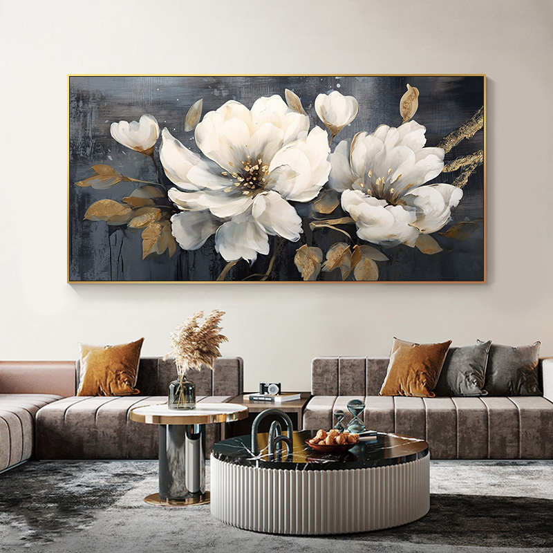 Hot Sale Unframed Canvas Poster Print Wall Art White Gold Flower Rolled Canvas Painting For Home Living Room