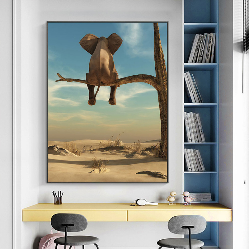 Creative Elephant Sit on Tree Poster Canvas Art Prints for Kids Room, Desert Landscape Photo HD Print Wall Art