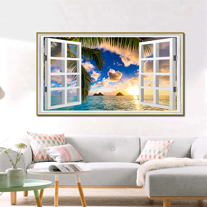 Window Sea Landscape Picture Canvas Painting, Home Decor Tropic Ocean Clouds Sunrise Photo Print Wall Art