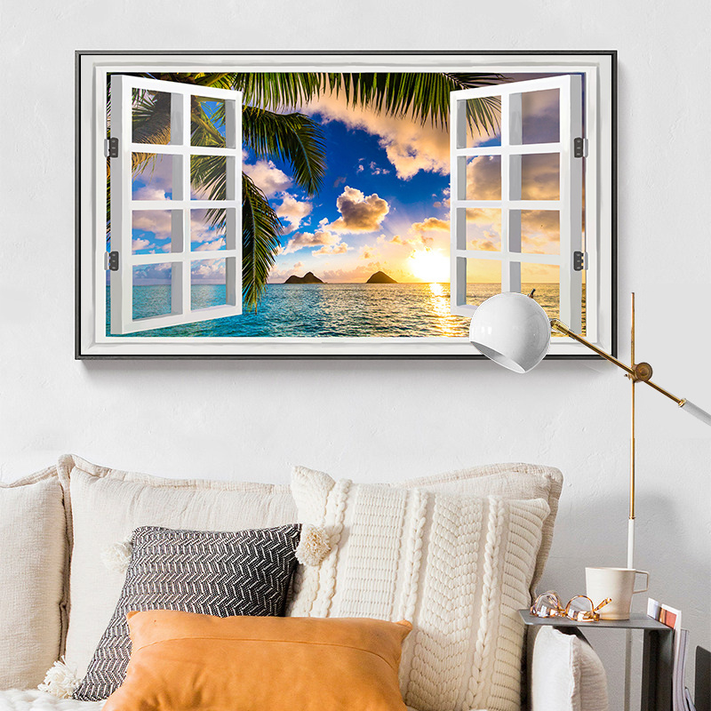 Window Sea Landscape Picture Canvas Painting, Home Decor Tropic Ocean Clouds Sunrise Photo Print Wall Art