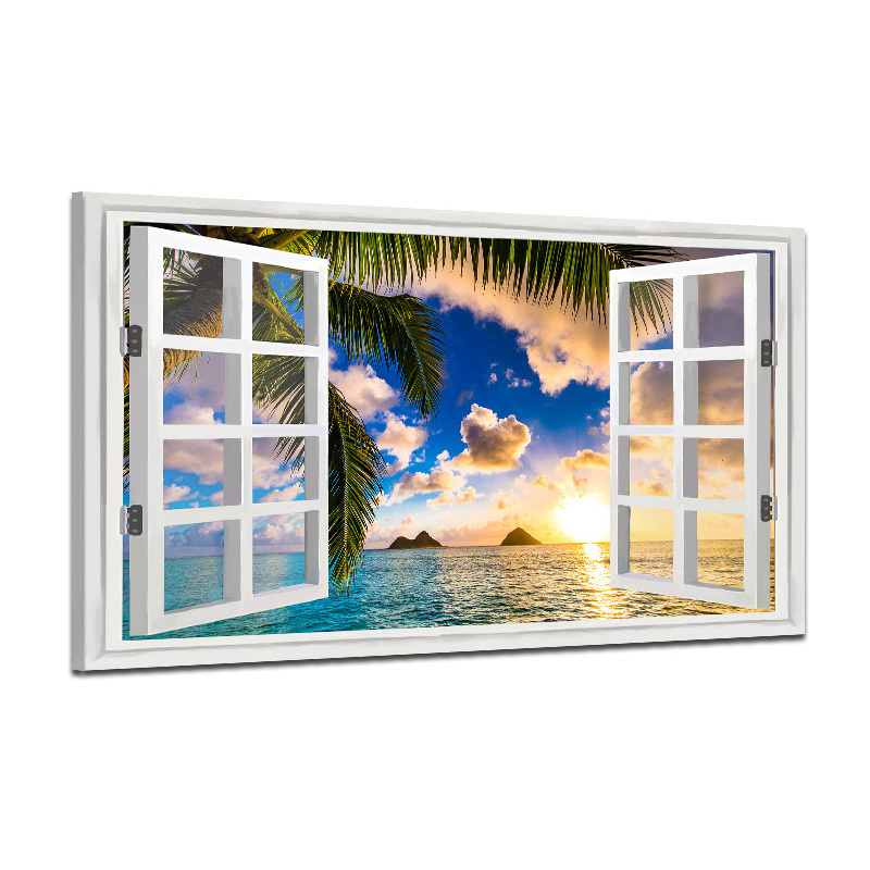 Window Sea Landscape Picture Canvas Painting, Home Decor Tropic Ocean Clouds Sunrise Photo Print Wall Art