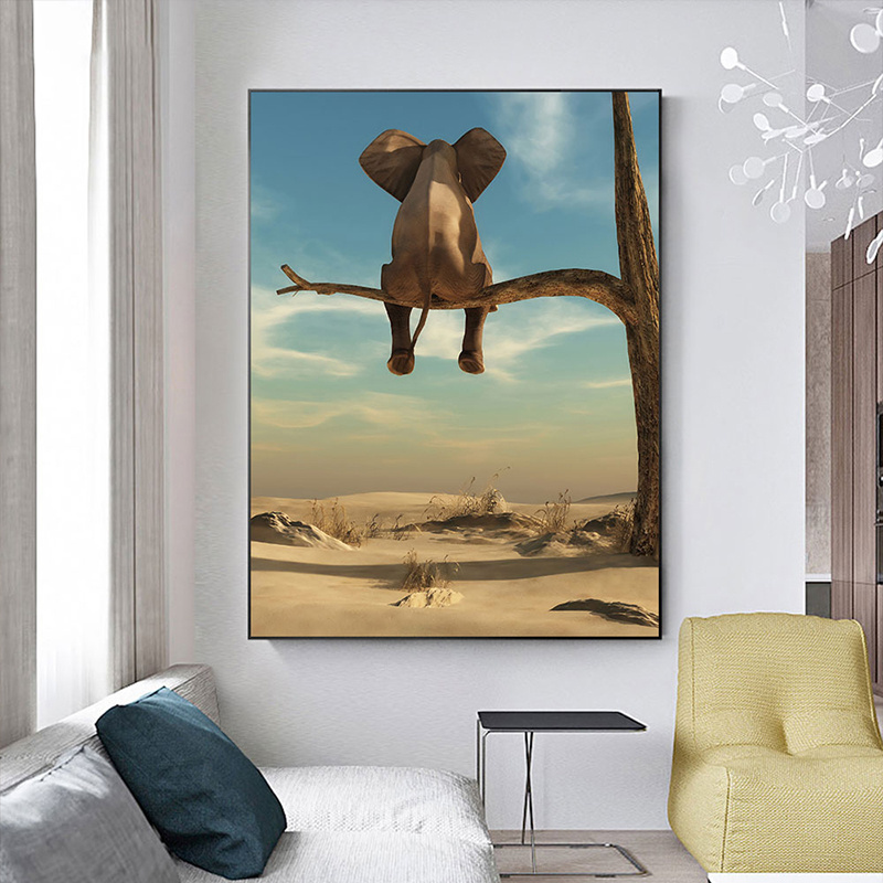 Creative Elephant Sit on Tree Poster Canvas Art Prints for Kids Room, Desert Landscape Photo HD Print Wall Art