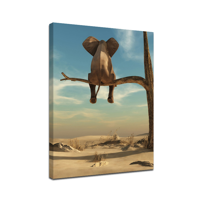 Creative Elephant Sit on Tree Poster Canvas Art Prints for Kids Room, Desert Landscape Photo HD Print Wall Art