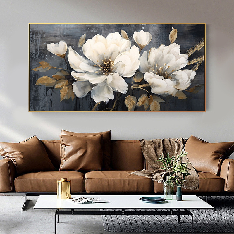 Hot Sale Unframed Canvas Poster Print Wall Art White Gold Flower Rolled Canvas Painting For Home Living Room