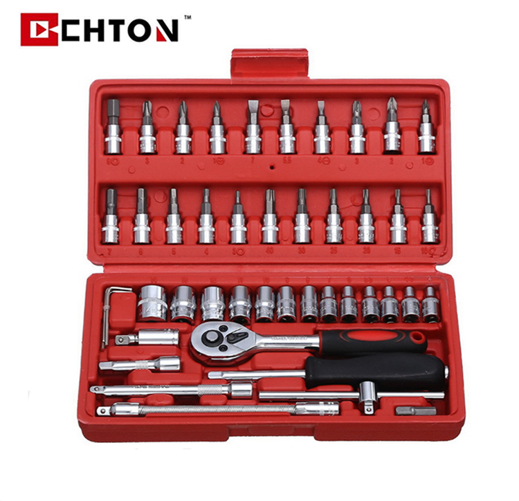 46 Pcs 1/4 DR Car Repair Tool Box Spanner Chrome Vanadium Hand Tools And Ratchet Wrench Socket Set