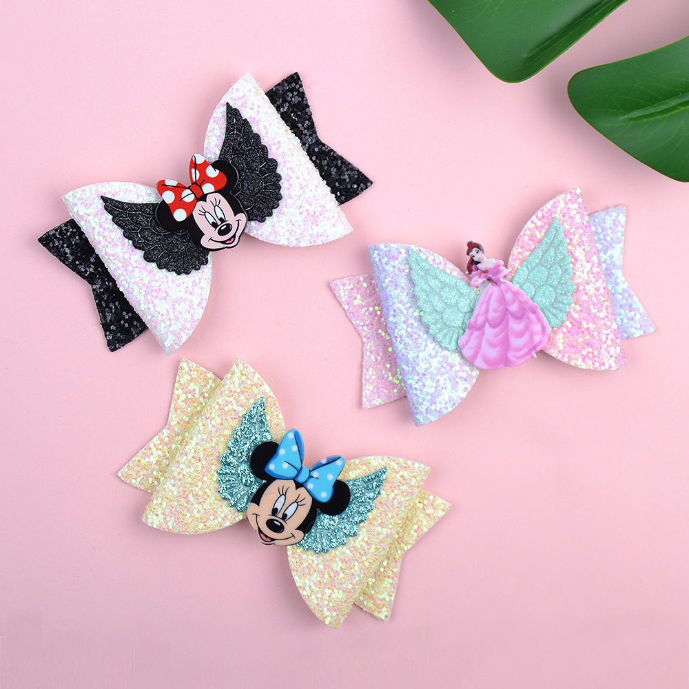 Wholesale 3.3 Inch Cartoon Mickey Glitter Hair Clip Customized Cute Princess Bow Hairpin For Baby Girls Hair Clips