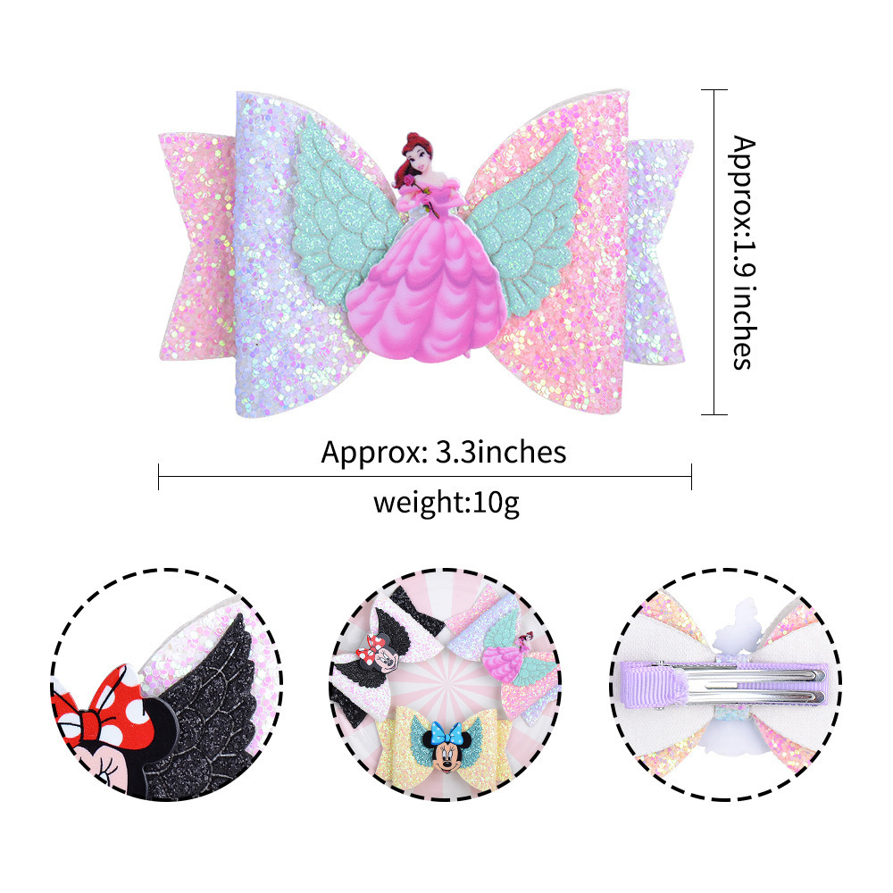 Wholesale 3.3 Inch Cartoon Mickey Glitter Hair Clip Customized Cute Princess Bow Hairpin For Baby Girls Hair Clips