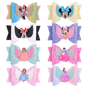 Wholesale 3.3 Inch Cartoon Mickey Glitter Hair Clip Customized Cute Princess Bow Hairpin For Baby Girls Hair Clips