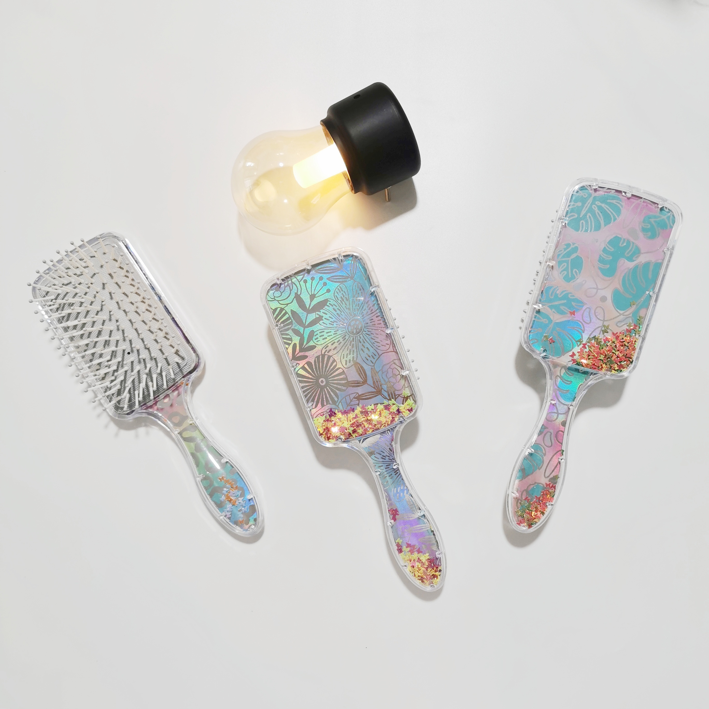 Professional  Laser Shiny Cushion Hairbrush Leopard Print Flower Massage Hair Brush Transparent Shake Glitter Paddle Hairbrush