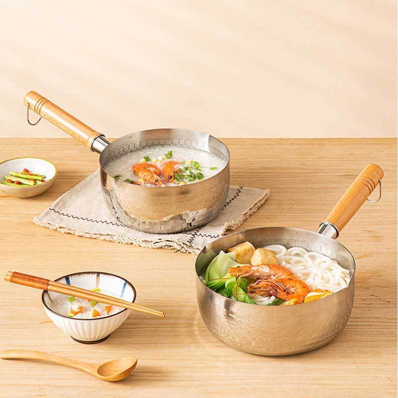 Japanese-style kitchen stainless steel safety uncoated non-stick snow pan wooden handle flat bottom cooking soup pot frying pan