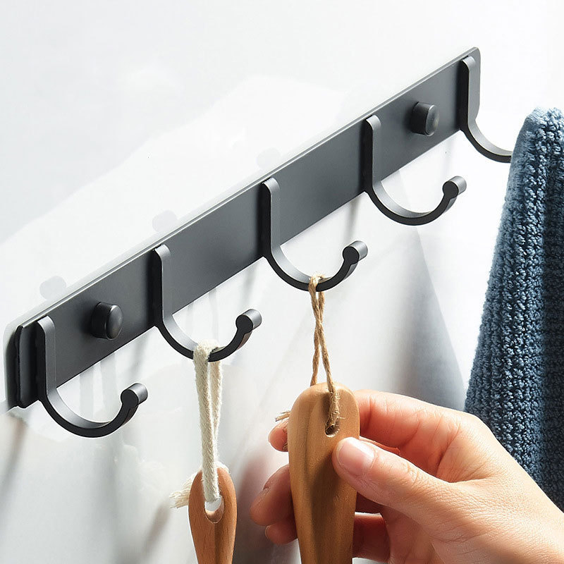 Hole-free aluminum alloy kitchen bedroom bathroom wall mounted behind door clothes coat rack black row hook hanger