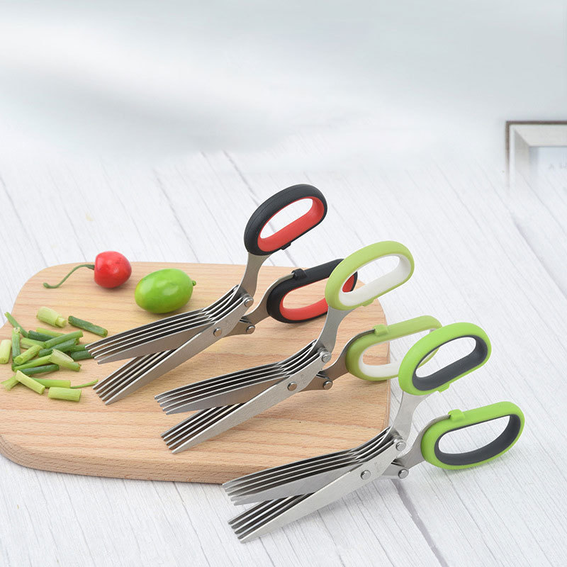 Wholesale stainless steel 5 layer kitchen scallion herb vegetable cut scissors cooking tools shredded green onion scissors set