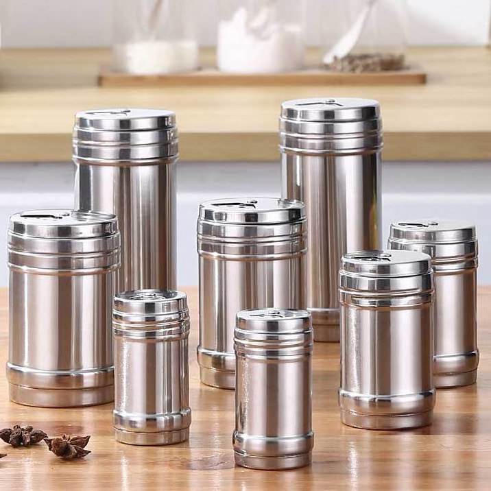 Wholesale stainless steel rotating lid spice shaker multi function cooking barbecue BBQ pepper salt seasoning storage jar bottle