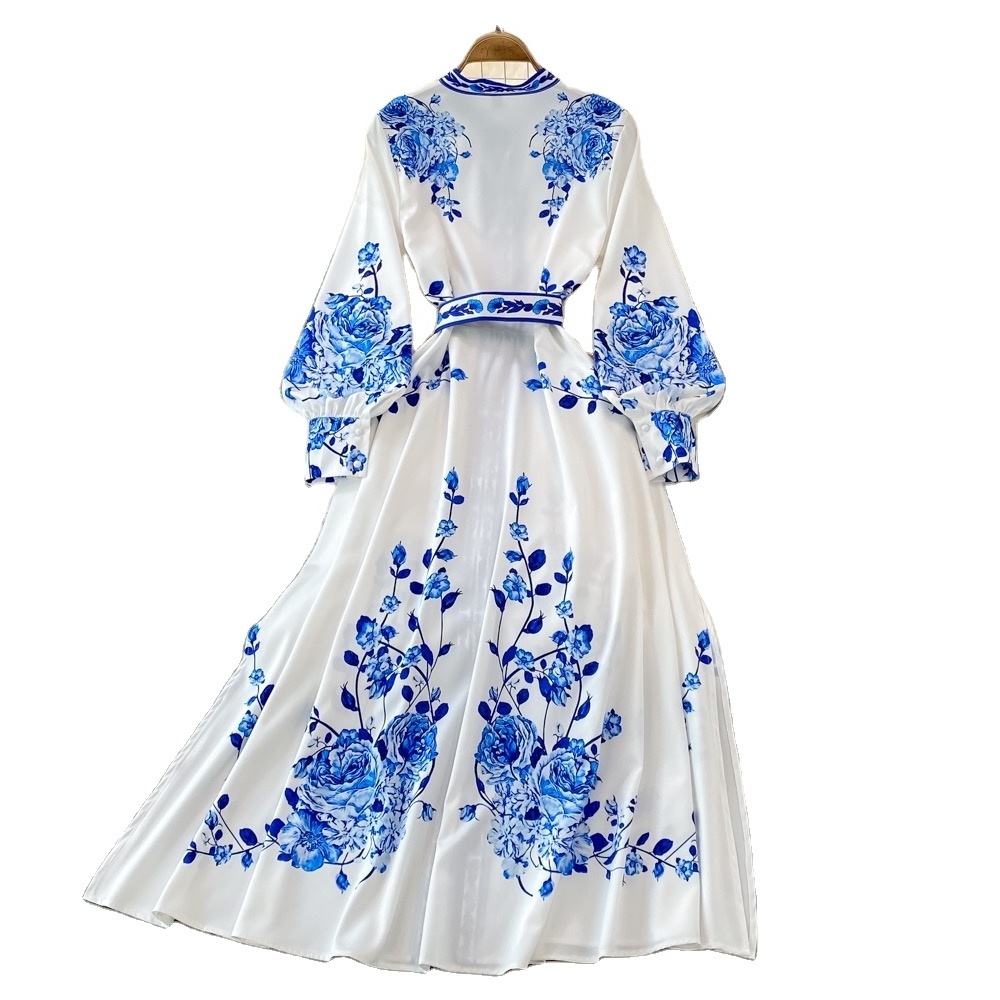 2023 white blue flowers beauty lady Spring new court style celadon dress elegant temperament swing long skirt