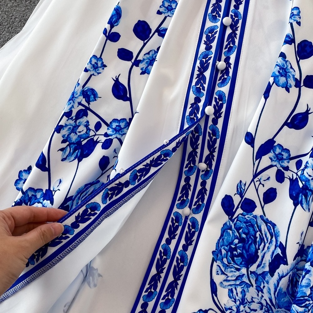 2023 white blue flowers beauty lady Spring new court style celadon dress elegant temperament swing long skirt