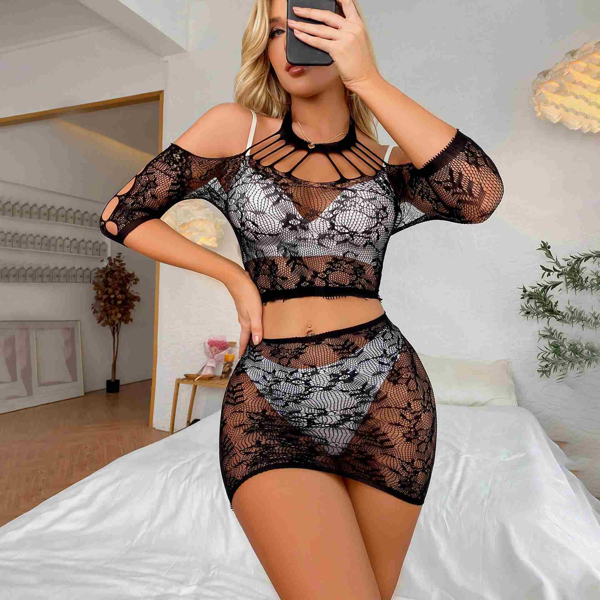 Deep Love wholesale sexy lingerie women night wear Ladies Sheer Transparent Lace Bra and Panty bodysuits lingerie set