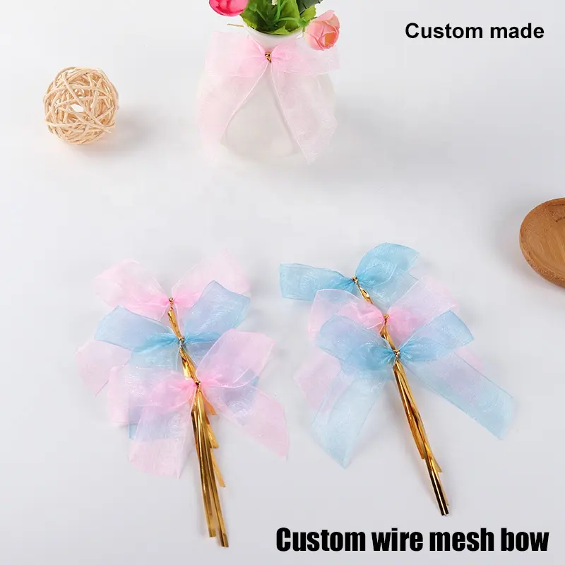 Factory Direct Customized Wire Mesh Ribbon Bow Wholesale Pre tied Ribbon Bows Organza with Gold Twist Tie