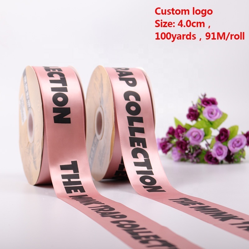 Personalised Satin Decoration Ribbon Brand Name with Black Logo Custom High Quality 4cm Satin Ribbon