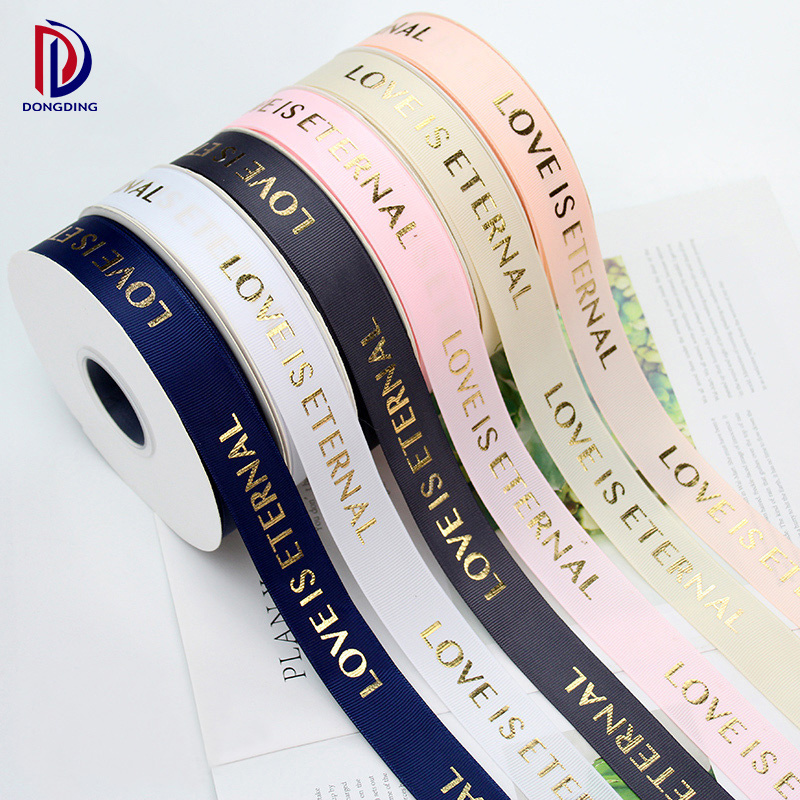 Factory Wholesale Custom 1 Inch Black Polyester Ribbon Gold Foil Logo Grosgrain print ribbon for wreaths