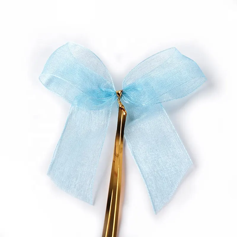 Factory Direct Customized Wire Mesh Ribbon Bow Wholesale Pre tied Ribbon Bows Organza with Gold Twist Tie