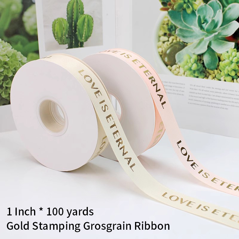 Factory Wholesale Custom 1 Inch Black Polyester Ribbon Gold Foil Logo Grosgrain print ribbon for wreaths