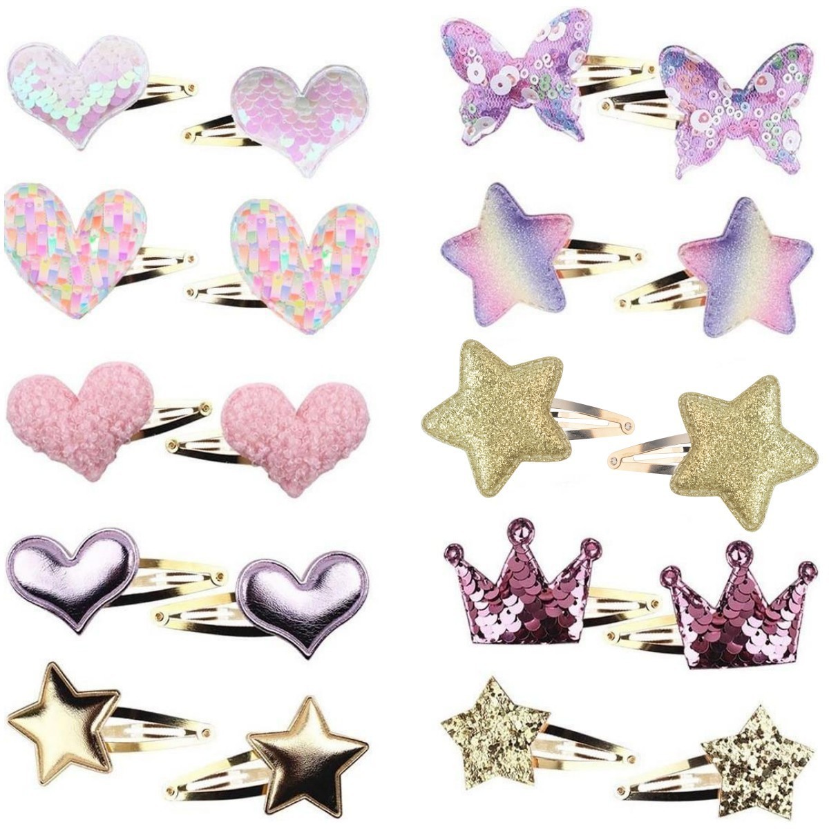 Star/Crown/Heart/Butterfly Shaped Cute Hair Clips Metal Snap Hair Pins Sparkly Hair Styling Accessories for Kids