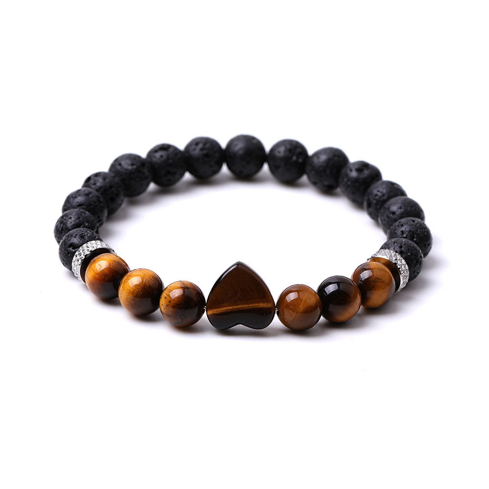 Luxury New Jewellery Stainless Steel Charm Natural Stone Lava Rose Quartz Aventurine Tiger Eye Heart Bracelet For Men Women