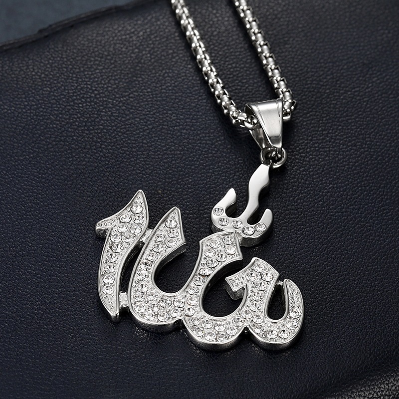 Hot Sale 18K Gold Plated Rhinestone Crystal Allah Necklaces 316L Stainless Steel Muslim Allah Pattern Pendant Necklace