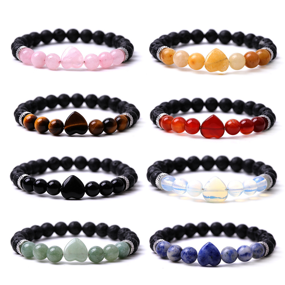 Luxury New Jewellery Stainless Steel Charm Natural Stone Lava Rose Quartz Aventurine Tiger Eye Heart Bracelet For Men Women