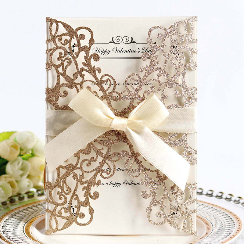 Supply Hollowed Laser Cut Glitter Paper Design Invitation Card Wedding Festival Blessing Greeting Card With Ribbon Bow