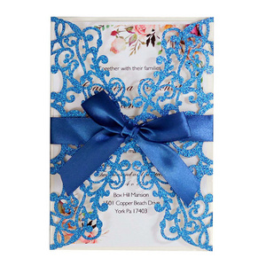 Supply Hollowed Laser Cut Glitter Paper Design Invitation Card Wedding Festival Blessing Greeting Card With Ribbon Bow