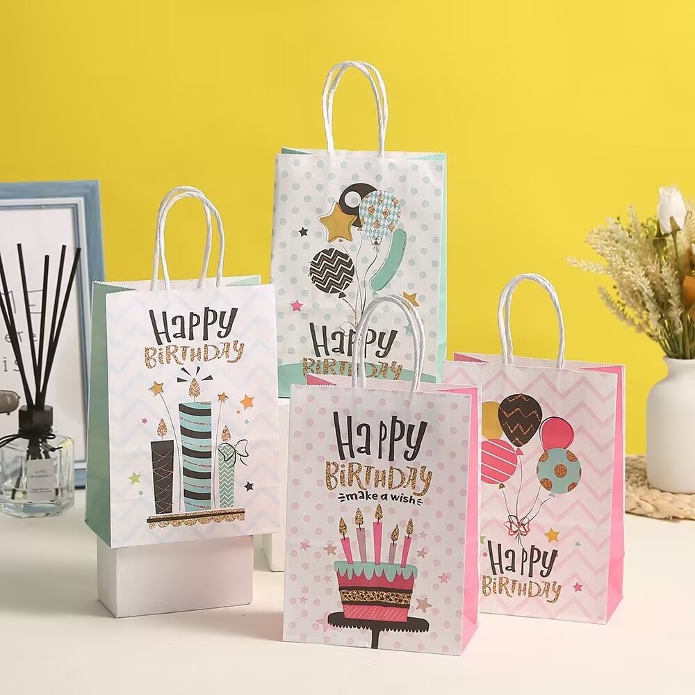 Wholesale Happy Birthday Goodie Candy Treat Paper Gift Bags with Handles Balloon Candles Birthday Party Favor Bags