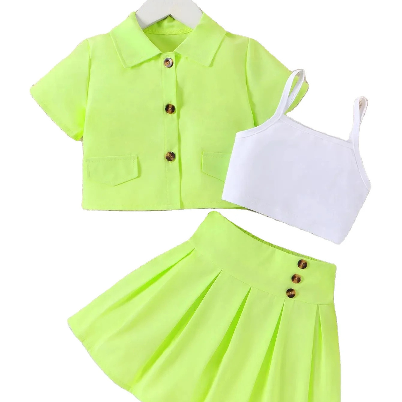 3pcs Toddler Girls Flap Detail Button Short Sleeve Shirt & Pleated Skirt & Cami Crop Top Set Kids Summer Clothes