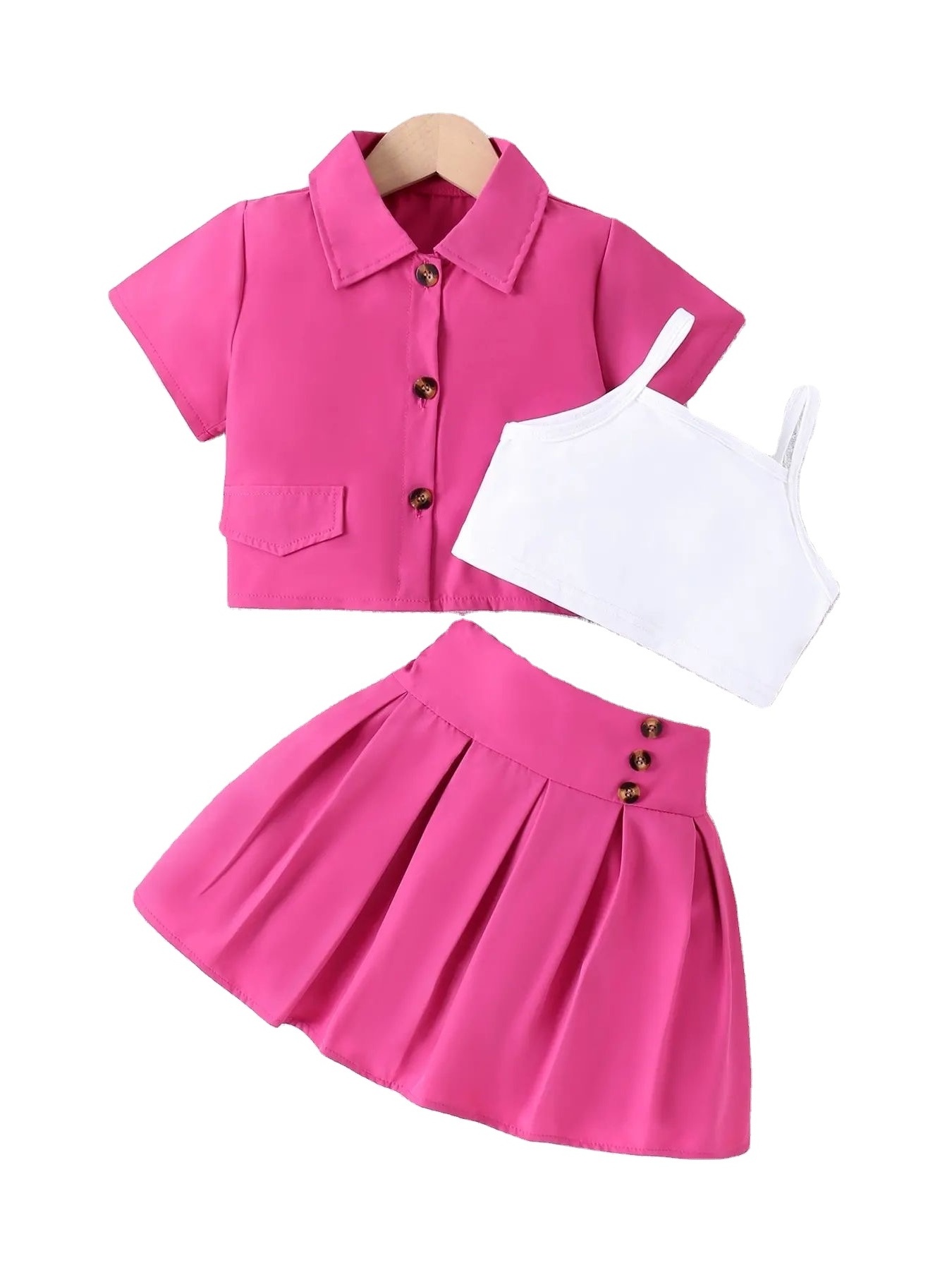 3pcs Toddler Girls Flap Detail Button Short Sleeve Shirt & Pleated Skirt & Cami Crop Top Set Kids Summer Clothes