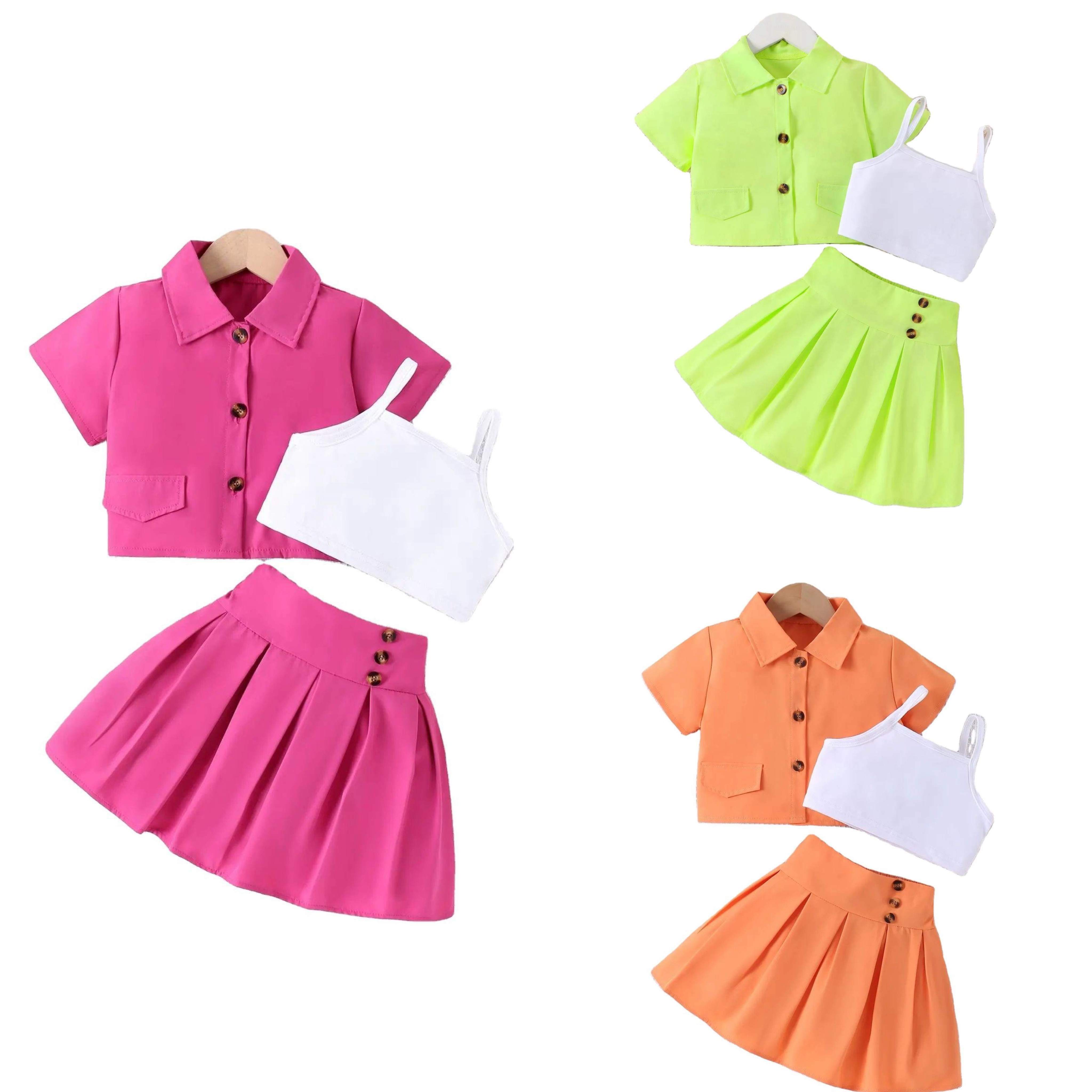 3pcs Toddler Girls Flap Detail Button Short Sleeve Shirt & Pleated Skirt & Cami Crop Top Set Kids Summer Clothes