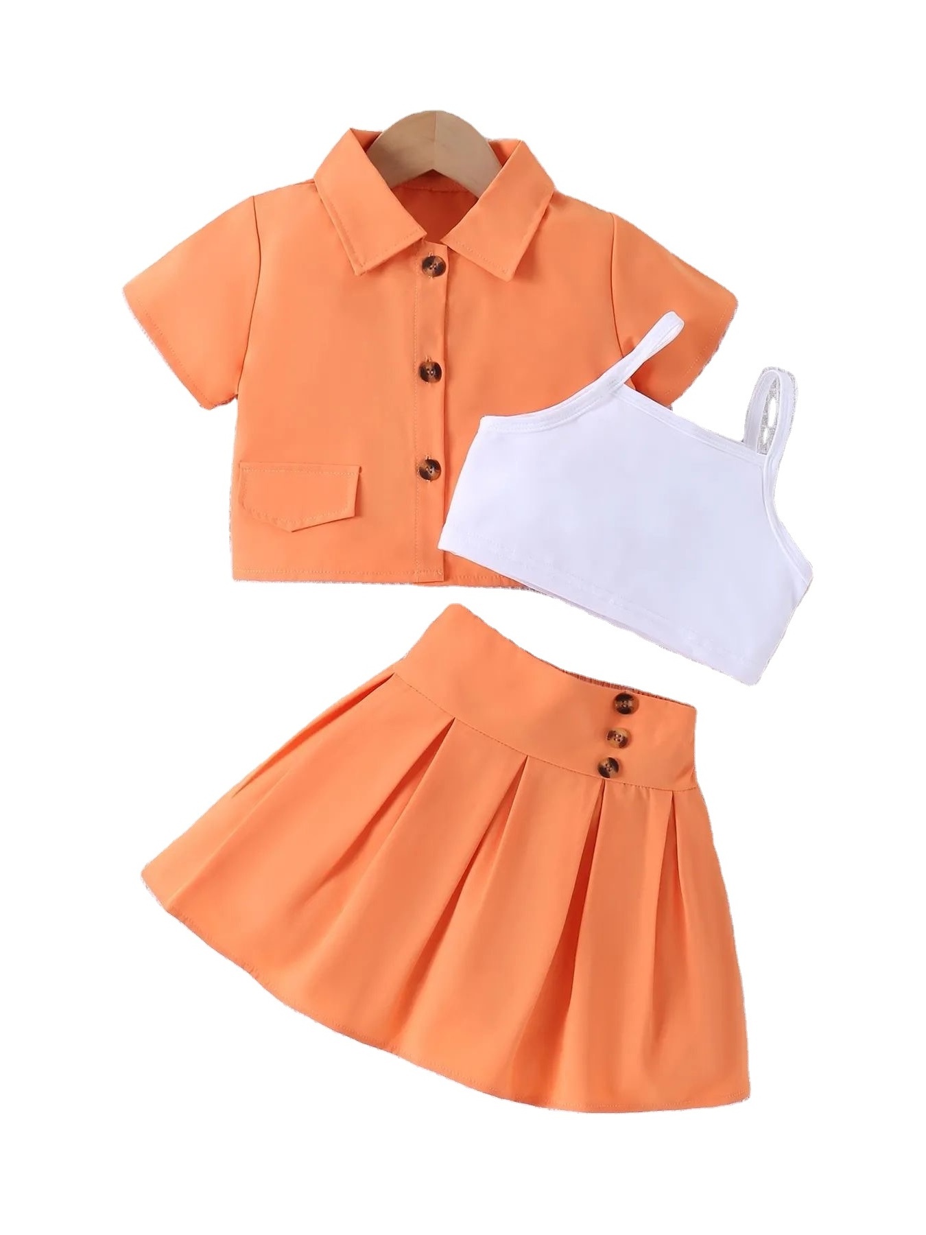 3pcs Toddler Girls Flap Detail Button Short Sleeve Shirt & Pleated Skirt & Cami Crop Top Set Kids Summer Clothes