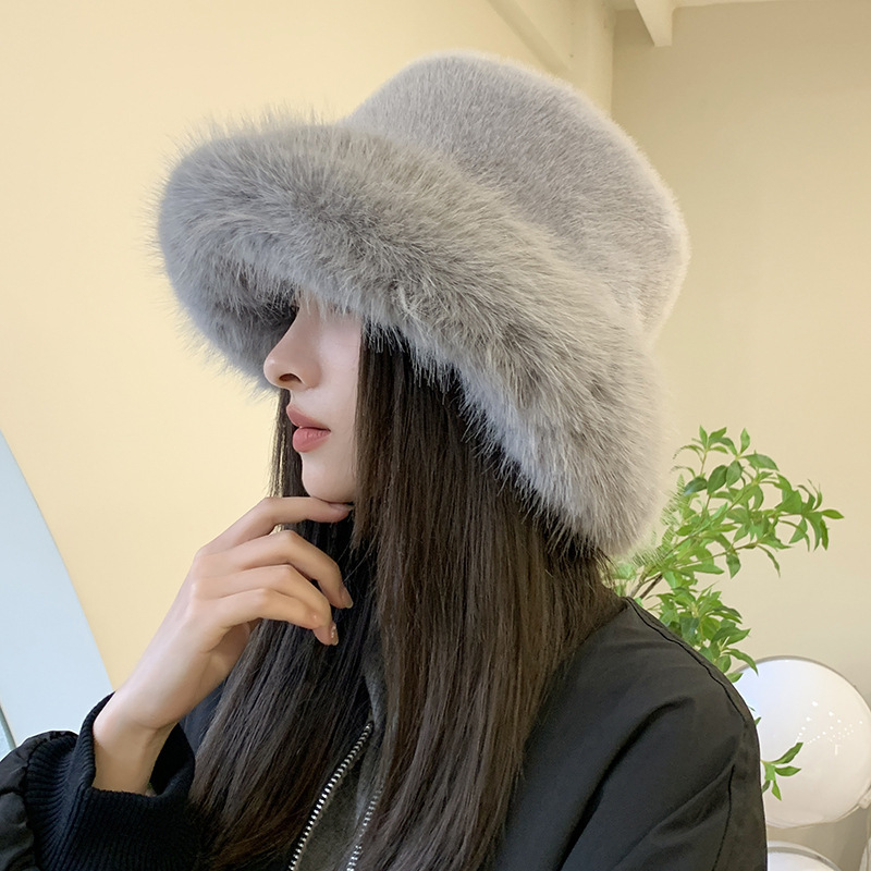 Rabbit Fur Bucket Hat Winter Autumn Colorful Blank Furry White Bucket Hat For Women