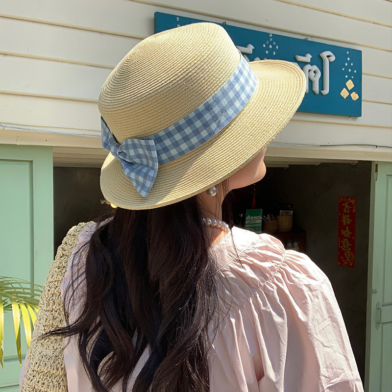 High quality plat brim paper braid bucket hats french style elegance homburg black bow straw hats