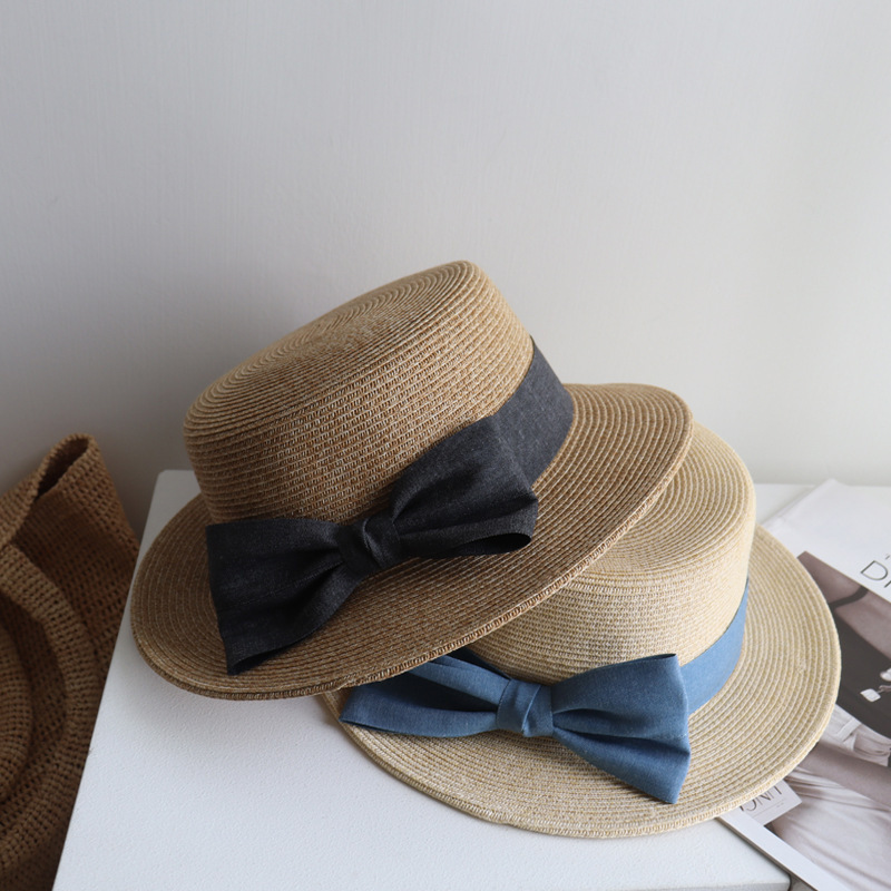 High quality plat brim paper braid bucket hats french style elegance homburg black bow straw hats