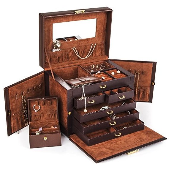 Brown LEATHER JEWELRY BOX / CASE / STORAGE / ORGANIZER WITH TRAVEL CASE AND LOCK