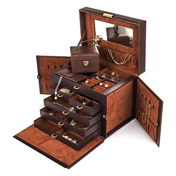 Brown LEATHER JEWELRY BOX / CASE / STORAGE / ORGANIZER WITH TRAVEL CASE AND LOCK