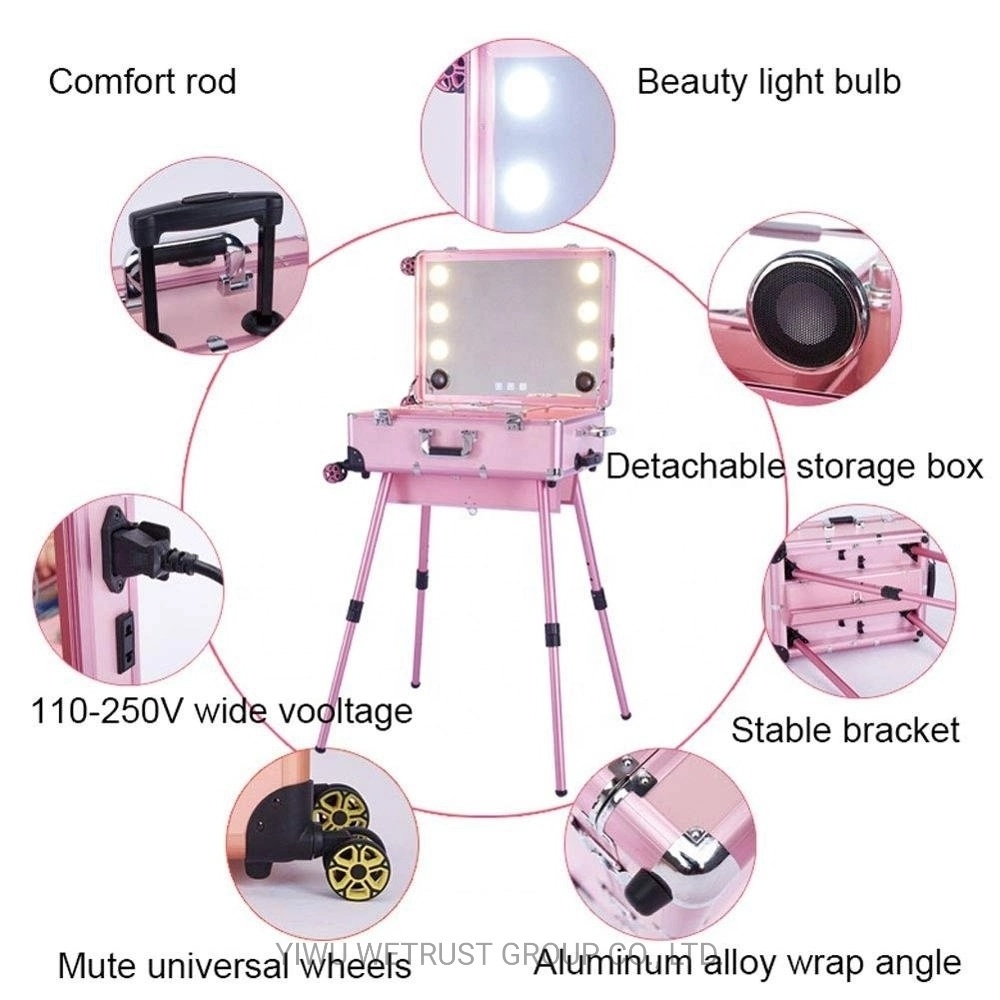 Rolling Mobile Makeup Station LED Cosmetic Beauty Case