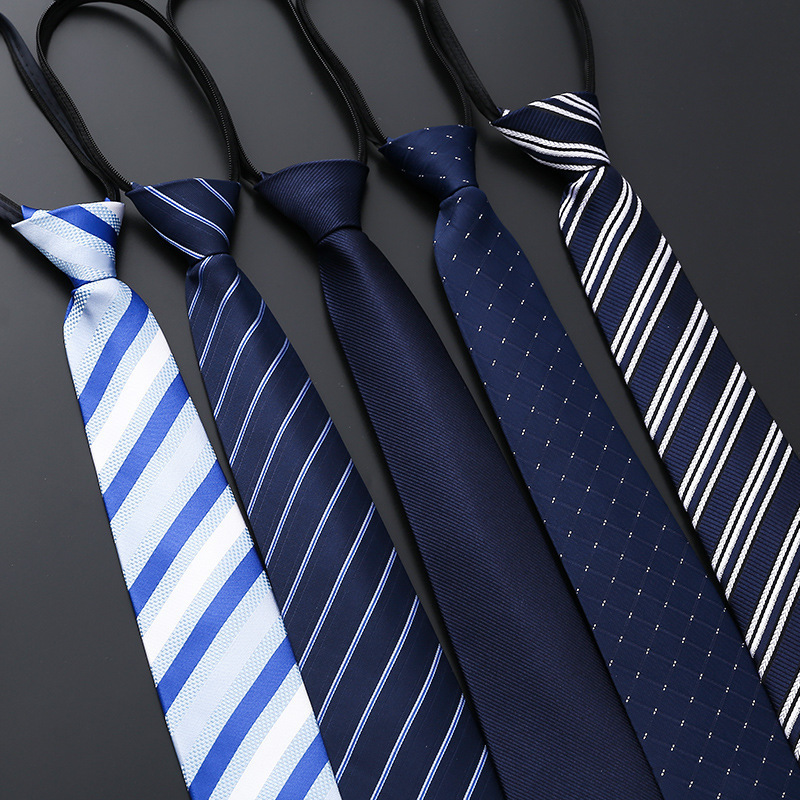 Manufacturers in stock wholesale black neck ties striped blue business tie lazy men's zippers silk ties for men with box