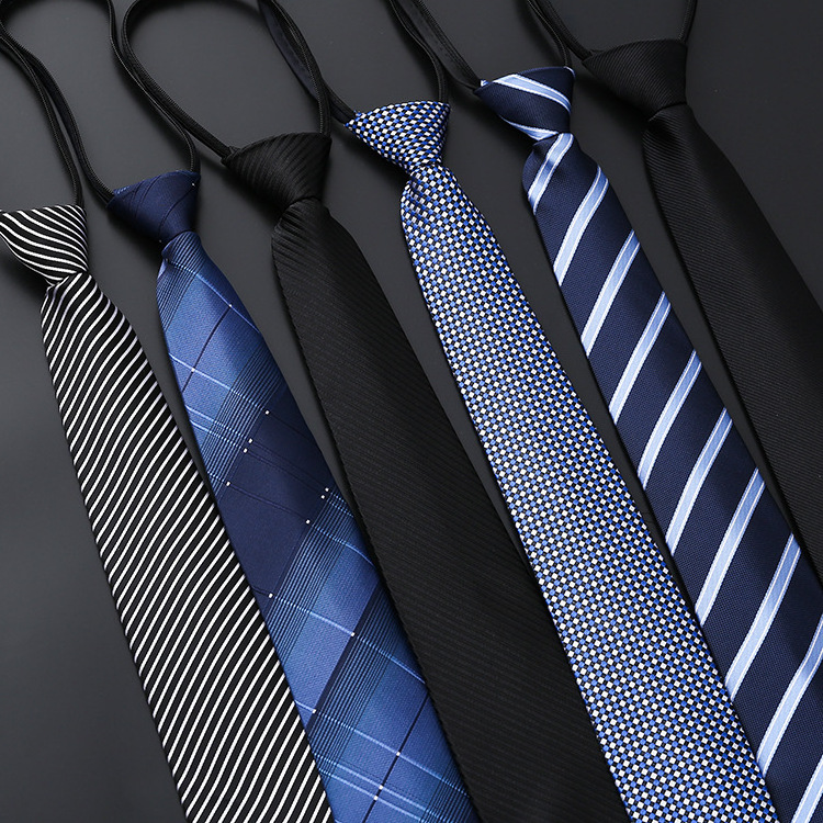 Manufacturers in stock wholesale black neck ties striped blue business tie lazy men's zippers silk ties for men with box