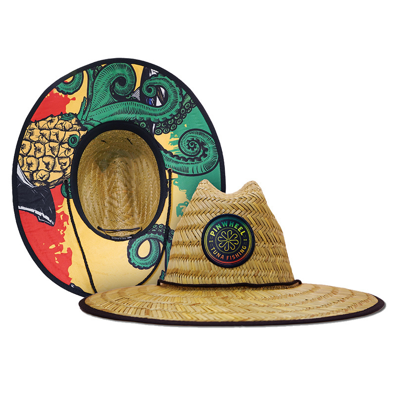 Natural Grass Sombrero Wide Brim Surfing Lifeguard Straw hat custom summer Natural Straw Hat For Men with logo