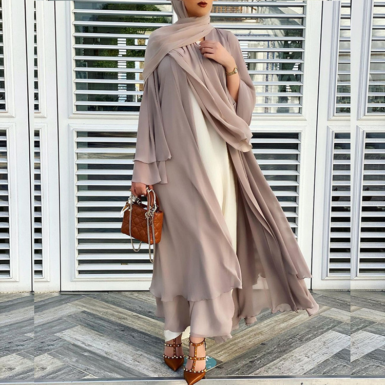 Kimono Open Abaya New Modest Fashion Layered Long Sleeve Cardigan Wholesale Islamic Clothing Women Muslim Dress Dubai Abaya